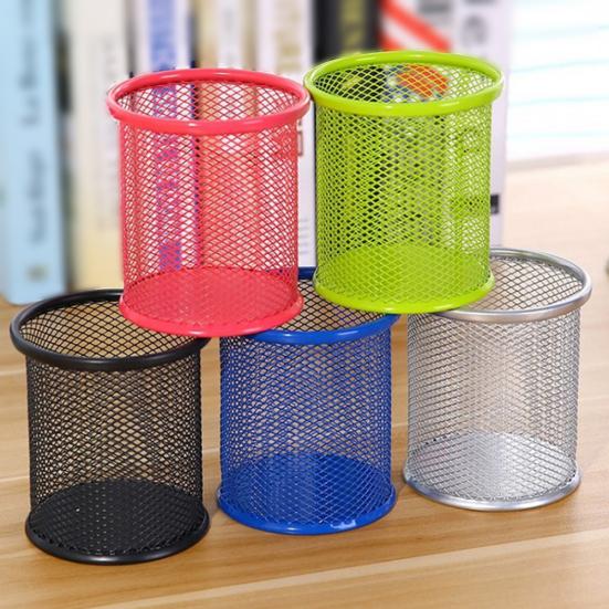 Round/Square Iron Mesh Pen Holder Office Desktop Pencil Stationery Box Case