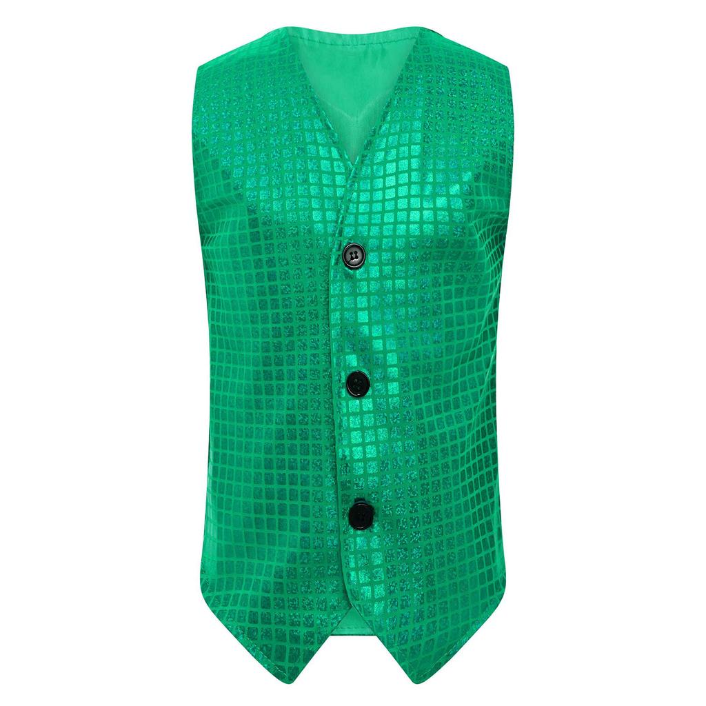 Boys Girls Dance Stage Performance Costume V Neck Sleeveless Asymmetrical Hem Button Metallic Plaid Vest