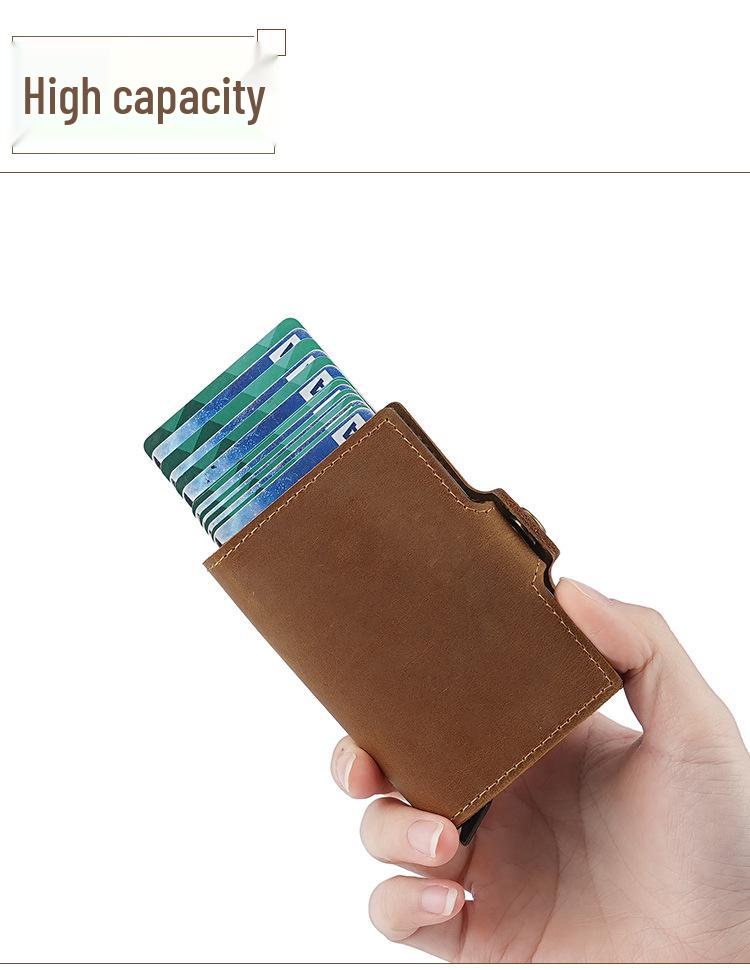 Винтажный 2025 Мужской Двухслойный Картхолдер из Кожи Crazy Horse с Выдвижным Механизмом на Кнопке и Алюминиевой Клипсой