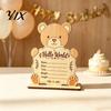 Customizable Wood Keepsake Wooden Baby Birth Announcement Sign, Cute Bear Hello World Newborn Welcome Sign Custom Detail Plaque with Stand,