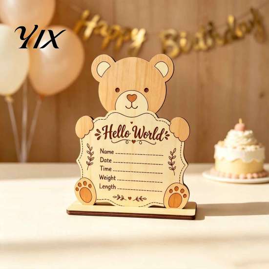 Customizable Wood Keepsake Wooden Baby Birth Announcement Sign, Cute Bear Hello World Newborn Welcome Sign Custom Detail Plaque with Stand,
