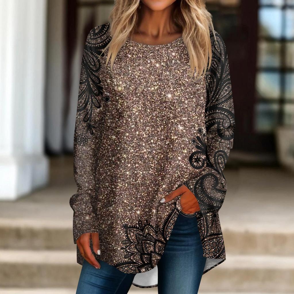 Женская повседневная футболка больших размеров с длинными рукавами и круглым принтом, верхний пуловер