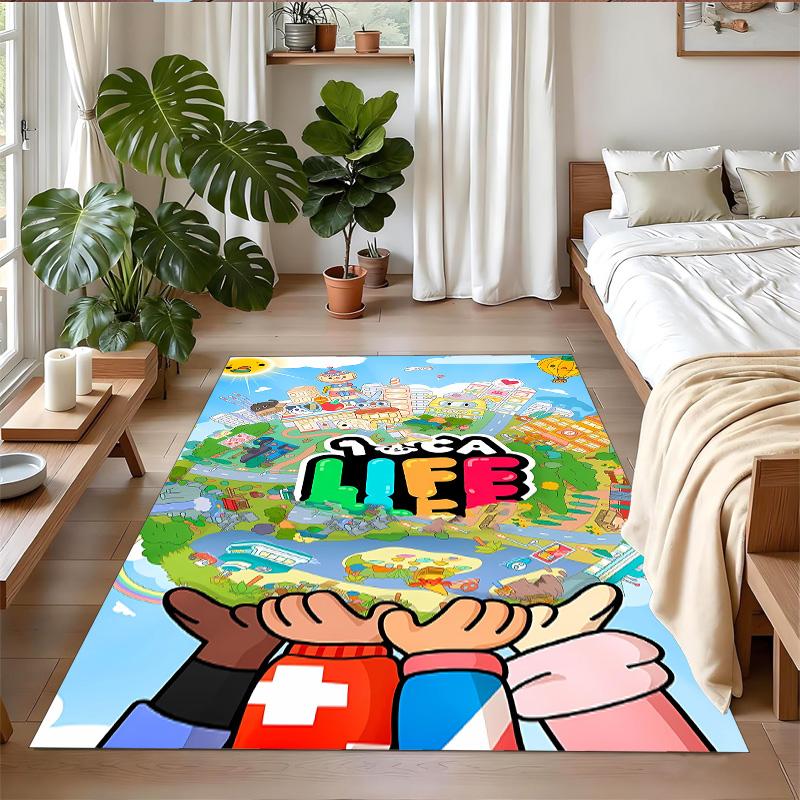 Anti‑Slip Crystal Velvet Floor Rug, Toca Boca World Design Carpet for Indoor Living Bedroom Home Decoration