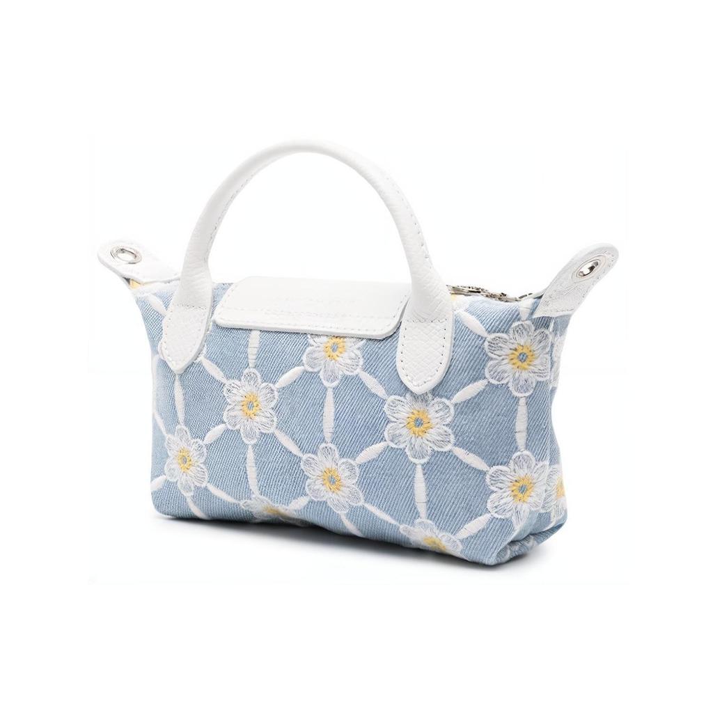 Longchamp Сумка-тоут Le Pliage Large с цветочной вышивкой из денима, на плечо, через плечо, женская, небесно-голубая 34205HEW028