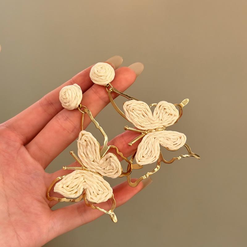 Silver needle raffia butterfly pendant earrings holiday style fresh and sweet temperament earrings niche high-end earrings women