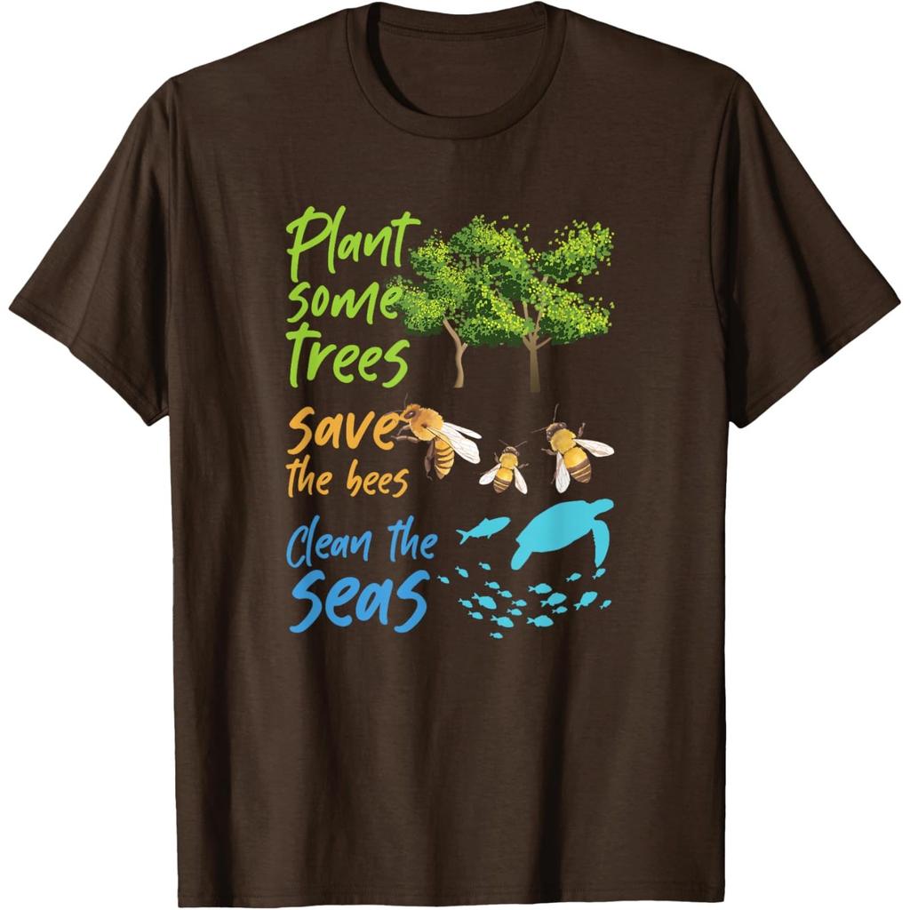 Plant Trees Save Bees Clean Seas Turtle Graphic Cotton T-Shirt Casual Crewneck Tee