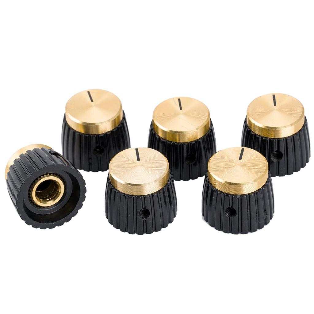 Musiclily Pro Amp Knobs, Side-Threaded Push-On Knobs for Marshall-Style Amplifiers, Black/Gold Aluminum Tops (Set of 6)