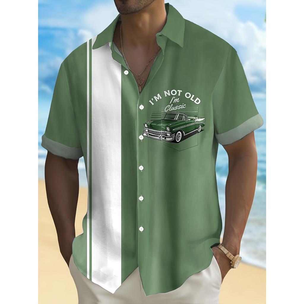 Винтажная рубашка с контрастным полосатым принтом в виде старинного автомобиля, мужская рубашка больших размеров с карманом на пуговицах