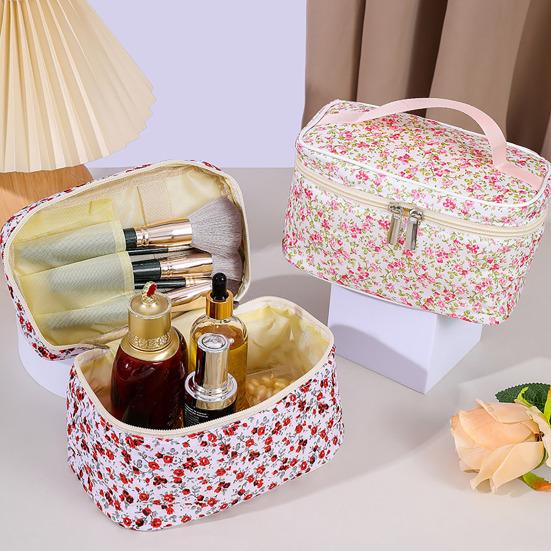 Cosmetic Bag Floral Pattern Large Capacity Dual Smooth Zipper Easy-to-clean Foldable Makeup Organizer