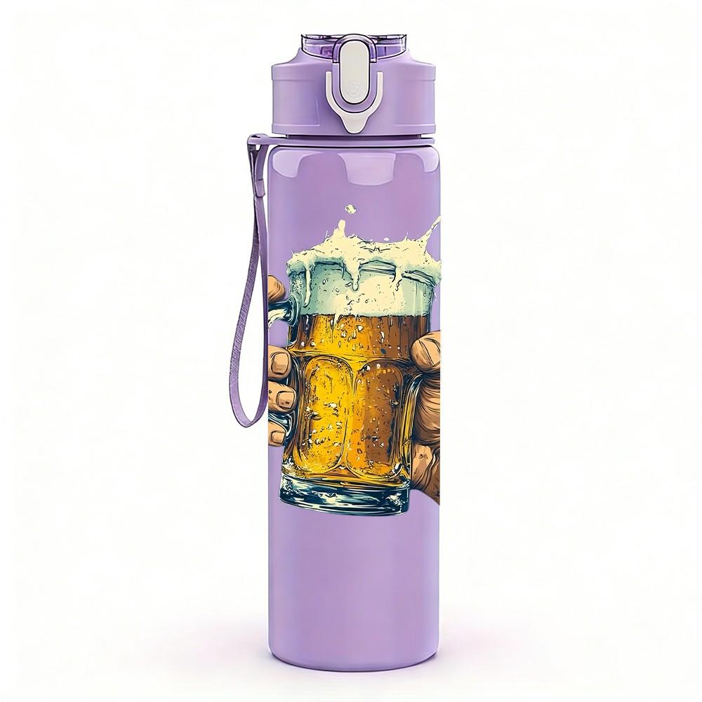 1PC Hand Hold Beer Mug Drink Print 750ml Color Plastic Sports Water Bottle Leakproof Flip Straw Lid Suitable for Sports Office Home Use
