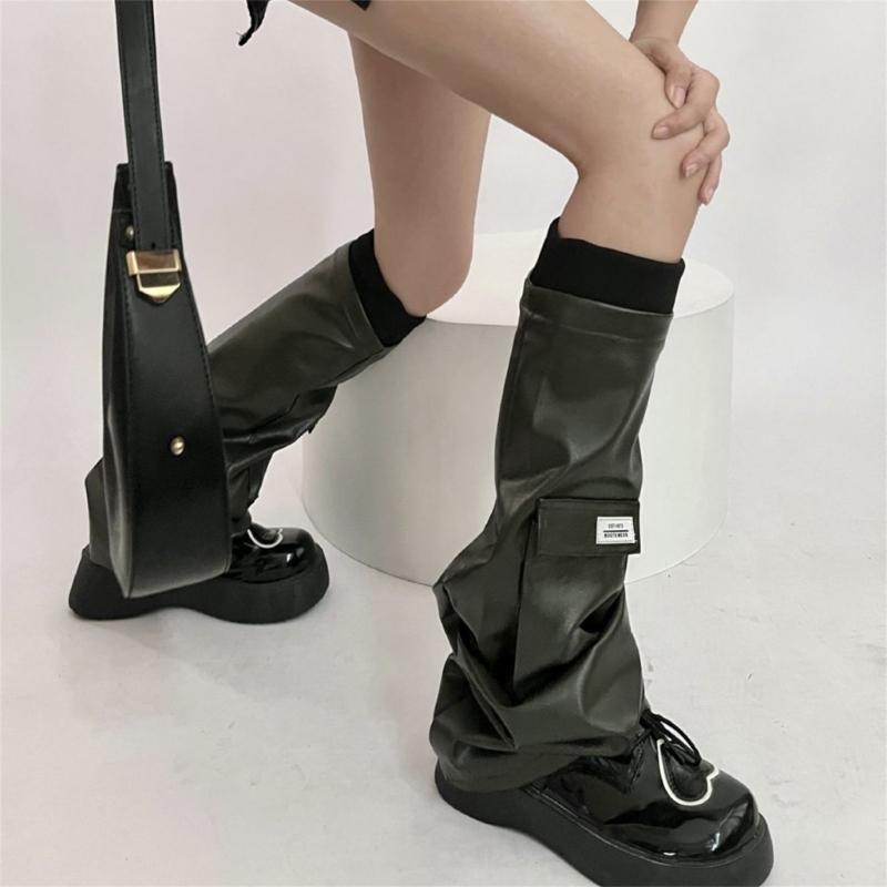 Womens PU Leathers Leg Warmers Long Leg Sleeve Socks Warm Adult Girls Boot Socks Party Casual Streetwear