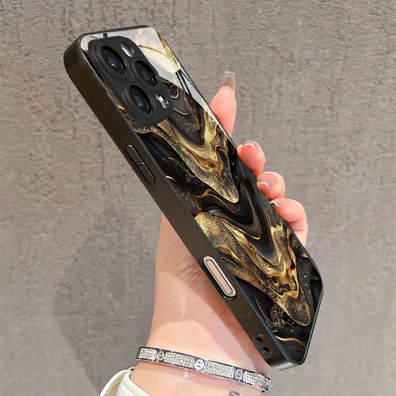 Чехол из закаленного стекла с золотым градиентом и узором из линий для iPhone 17 16 Pro Max 15 14 13 12 11 16E 7 8 Plus XR XS X