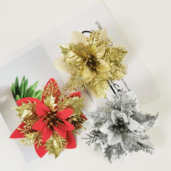 10Pcs/Set Christmas Artificial Flower Glitter Leaves Red Golden Silver-color Layered Xmas Tree Wreath Decoration Fake