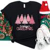 Pink Tree Christmas T-Shirts for Women Matching Family Firends Xmas Party Short Sleeve Tee Female Clothing with Christmas Hats