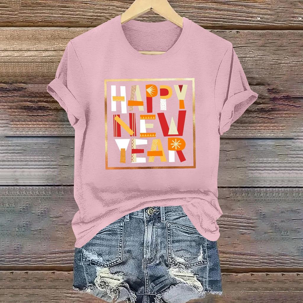 Ladies Casual 2025 New Year Printed Round Neck Short Sleeve T-Shirt Top
