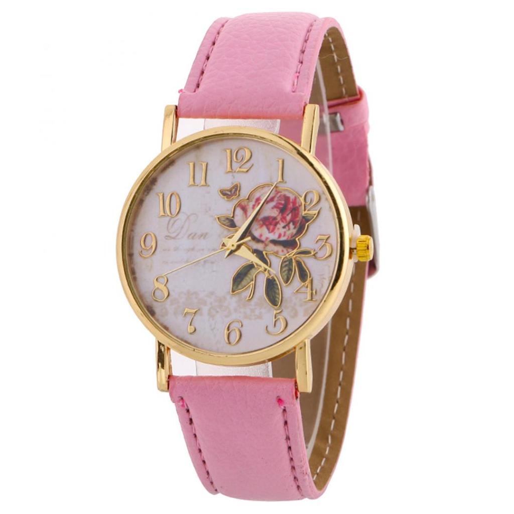 Useful Women Number Rose Flower Round Dial Faux Leather Band Quartz Wrist Watch