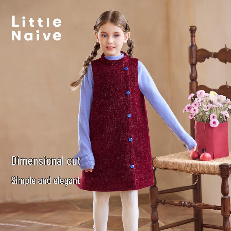 Little Naive Girl's Winter Corduroy Padded Vest Dress with Contrast Buttons