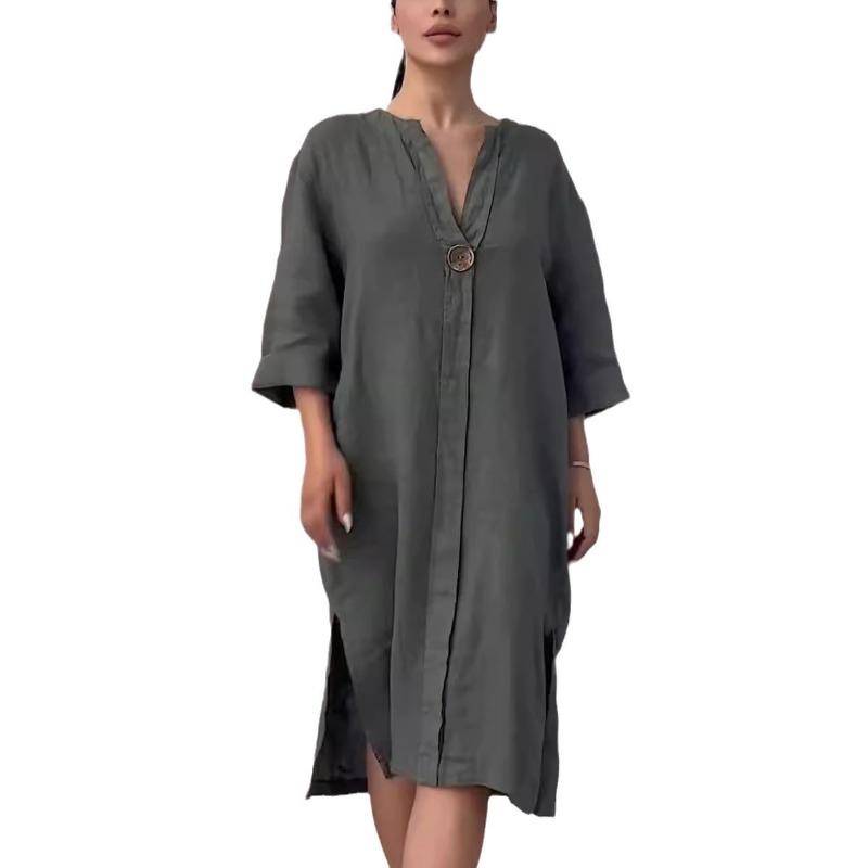 Summer Women's Dress Plus Size Solid Colour Casual Round Neck Button Long Dresses