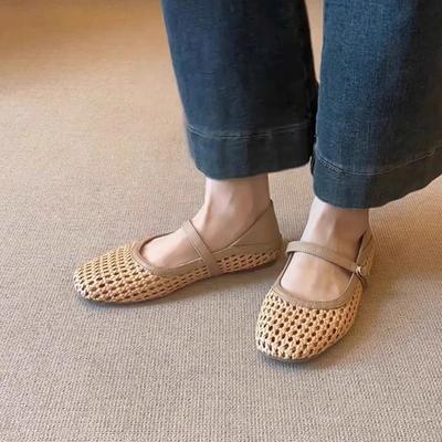 Мода 2025 Лето Новые Кристальные Балетки Женские Туфли Мэри Джейн с Квадратным Носком Натуральная Кожа Перфорация Мюли Подиум Балетки Женские