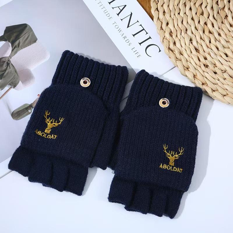 Зимние вязаные перчатки мужские полупальцевые для езды на велосипеде на открытом воздухе плюс бархатные теплые вышитые рога сенсорный экран полупальцевый чехол-книжка