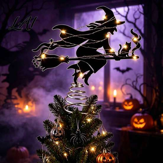 Glowing LED Tree Ornament Halloween Witch Topper with Lights Black Iron Window Hanging Ornaments Art Silhouette Ornament for Christmas And Holiday