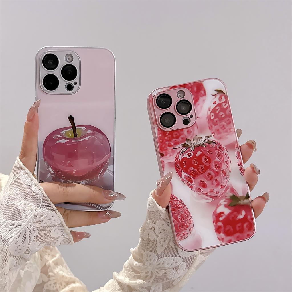 For iPhone 15 Pro Case Mirror Painted Fruit Pattern TPU+Acrylic Phone Cover