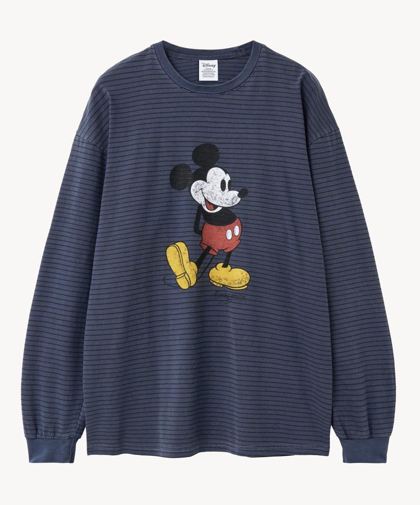 VTWO Pigment Washed Stripe _Mickey_ Long Sleeve Tee (Blue)
