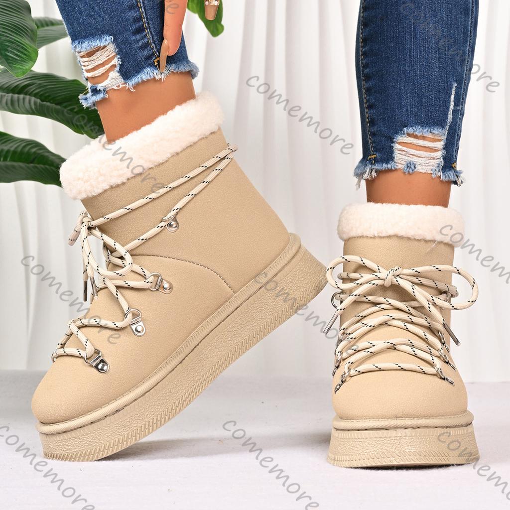 Fashion Comemore Winter Thicken Plush Warm Snow Boots for Women Plus Size 36-42 Fleece Platform Ankle Boots Lace Up Woman Cotton Shoes