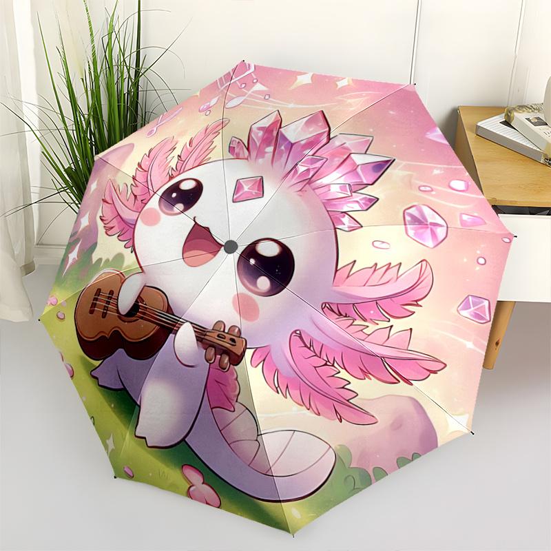 1pc Cute Axolotl Playing Guitar Automatic Opening and Closing Cartoon Umbrella, Portable Small Umbrella for Men and Women P030