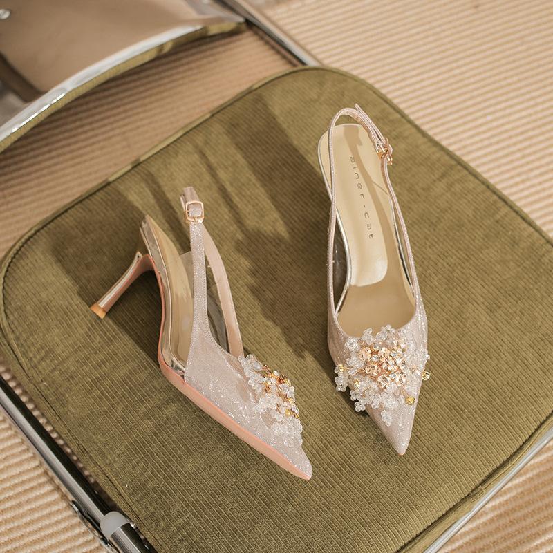 7520-2 [овчина] туфли на высоком каблуке женские тонкие каблуки 2025 новые остроносые темпераментные хрустальные свадебные туфли пустые сандалии