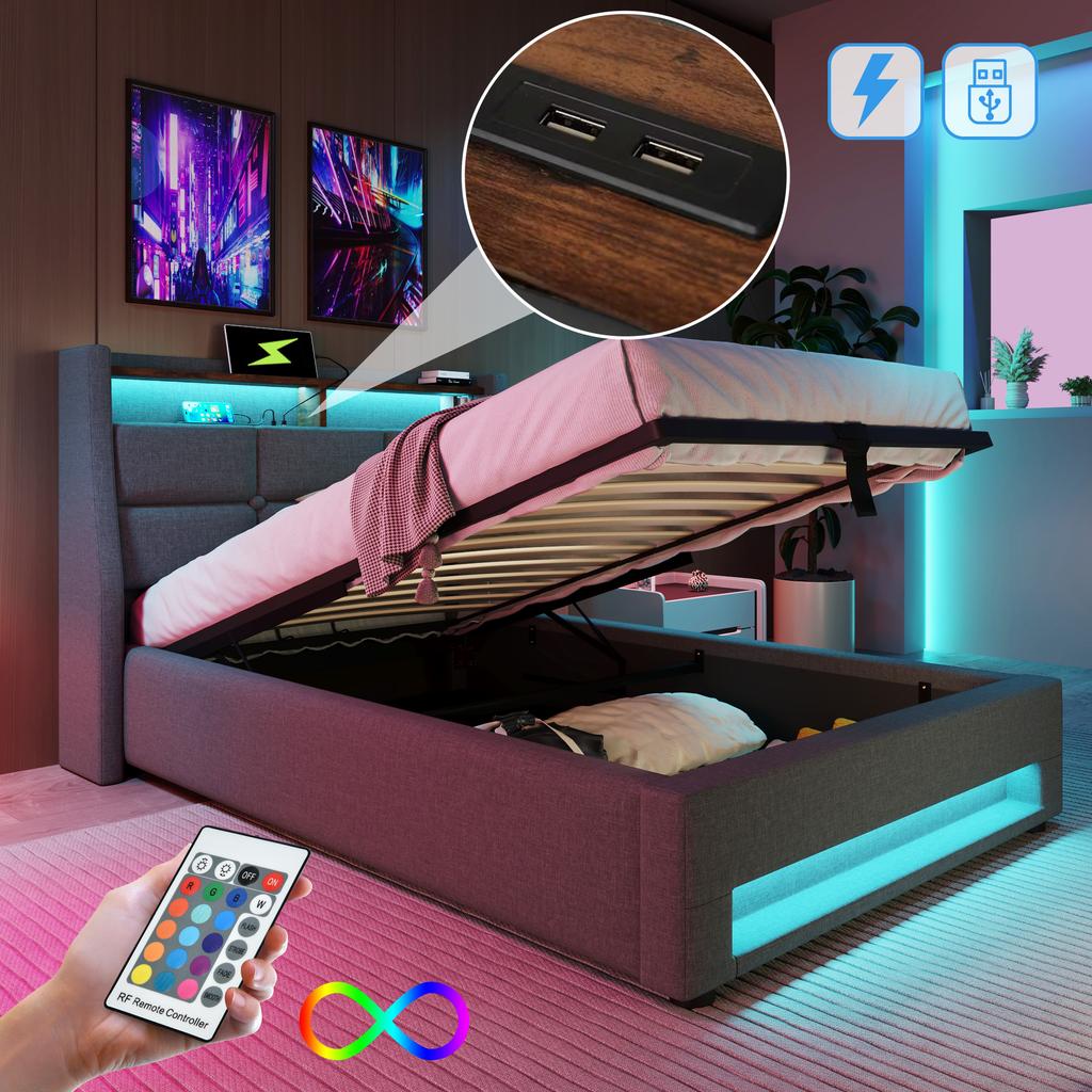 Upholstered Bed with USB 90x200cm, LED Single Bed with Slatted Frame Made of Metal, Bed Frame Made of Linen Material Youth Bed (Without Mattress)