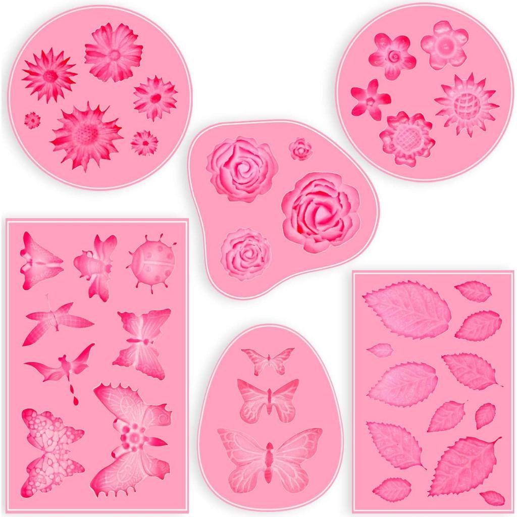 6-Piece Cake Molds Set, Flower/Butterfly/Leaf Shapes, Food-Grade Silicone, Pink Baking Tools