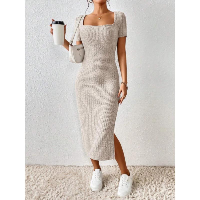 2023 European and American New Independent Station Amazon Hot French Square Collar Side Split Rib Knitted Short-sleeved Dress