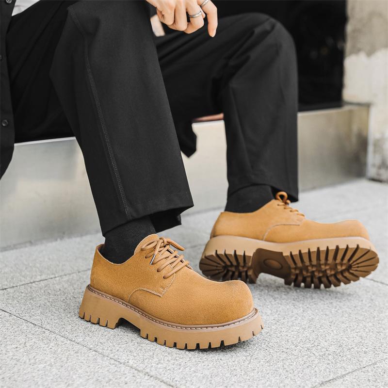 Новые мужские туфли из кожи с круглым носком на шнуровке, повседневные, молодежные, на толстой подошве, увеличивающие рост, кожаные мужские туфли 24287-J