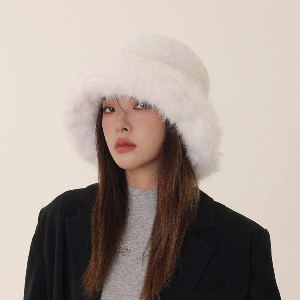 Imitation Fur Plush Bucket Hat Fluffy Hat Winter Cap Elegant Artificial Fur Hat Female/Girls