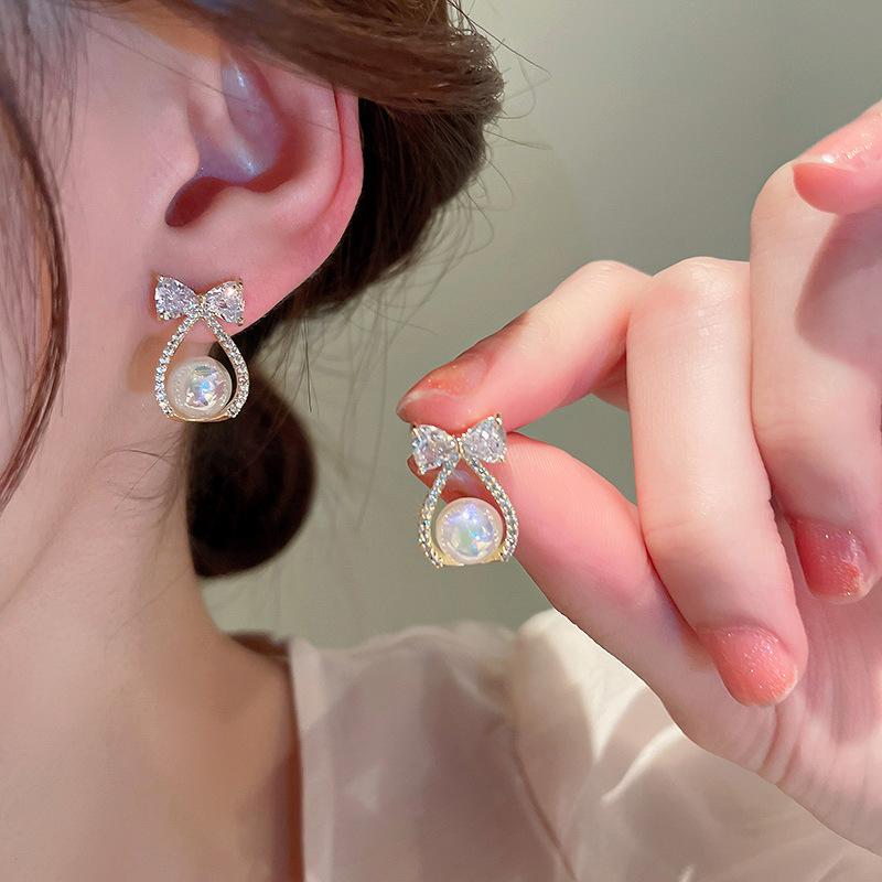 Серьги-капли с золотым бантом и цирконием для женщин, модные блестящие серьги, свадебные украшения, подарки на день рождения