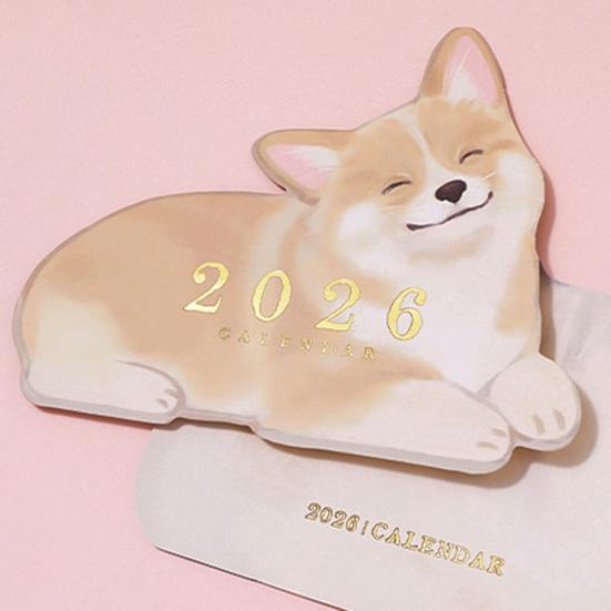 2026 Small Desk Calendar with Wooden Base Cute Dog Cat Patterns Monthly Planner