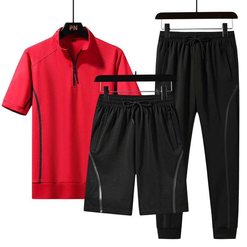 Large Size Three Piece Summer Casual Sports Set Men Breathable Casual Suit Short Sleeve T Shirt Shorts Pants Outfit