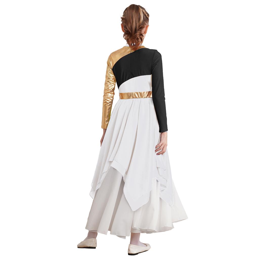 Платье для девочек «Praise Lyrical Dance» с длинным рукавом, асимметричным шифоновым подолом, контрастный дизайн, костюм для выступлений