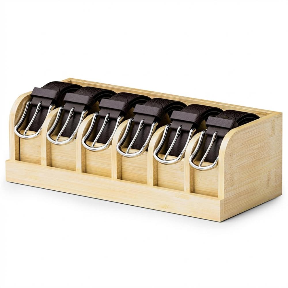 New Bamboo Belt Organizer 6 Compartments Multi-Functional Belt Rack Eco-Friendly Space Saving Belt Storage Box Bedroom