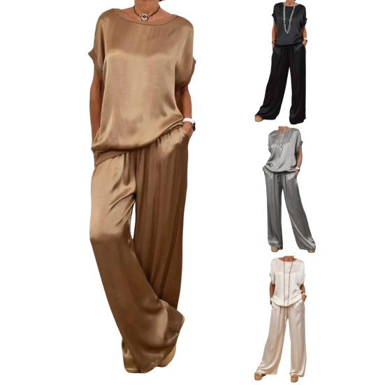 Women's Satin Silky Two-Piece Set Casual Crew Neck Short Sleeve Top Wide Leg Pants Set Loose Loungewear Outfit for Spring Summer