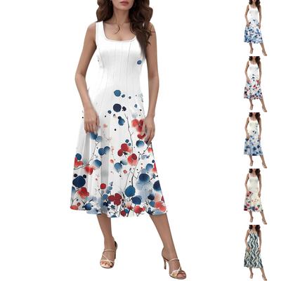 Женское повседневное модное платье миди с круглым вырезом без рукавов и боковыми карманами