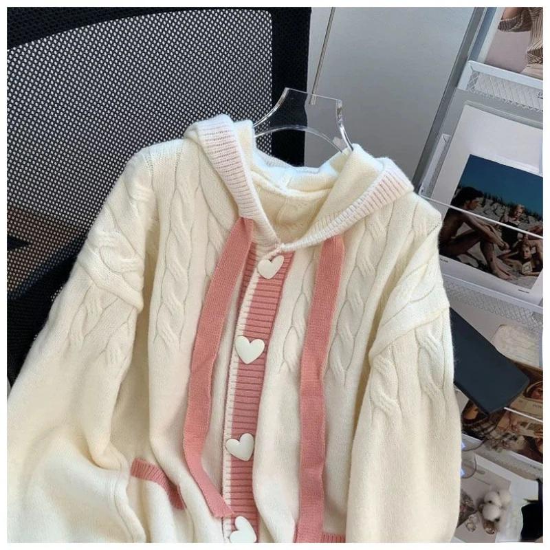 Женский кардиган с пуговицами в форме сердца и капюшоном, осенний узор с нитками, свободные повседневные топы, бежевый контрастный свитер