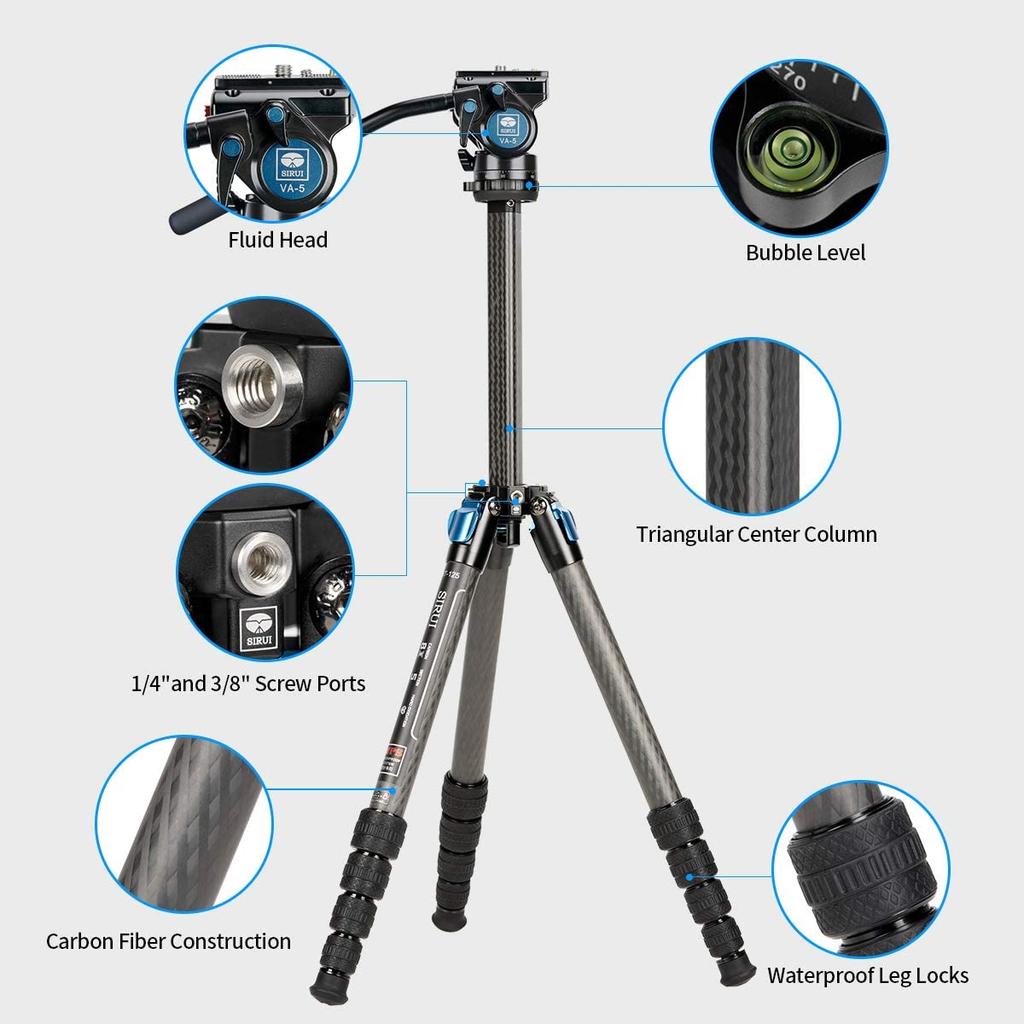 SIRUI Carbon Fiber Tripod with Fluid Video Triangular Center Waterproof Travel Travel Tripod for 4 Load Lbs ST-125+VA-5 Head, Column, Tripod, Camera,