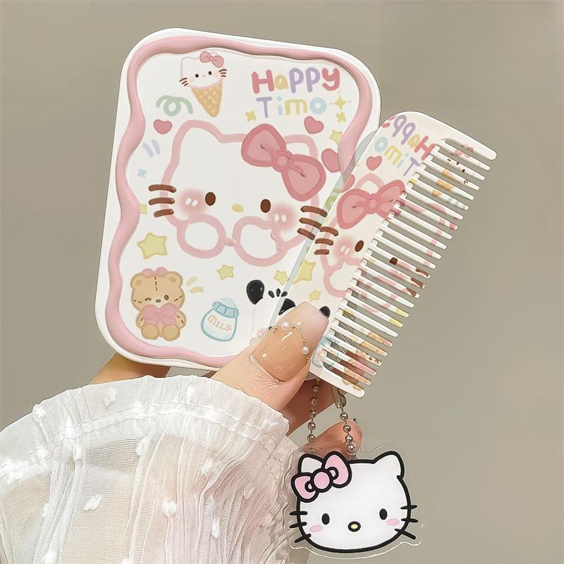 New Cat Student Portable Makeup Mirror with Folding Mirror Comb and Handheld Small Mirror