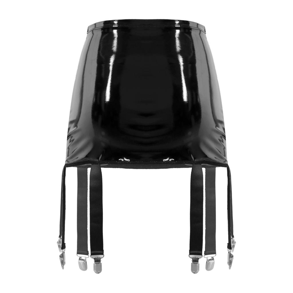 Womens Wet Look Patent Leather Garter Belt Skirt High Waist Suspenders with Metal Buckle Clips Plus Size