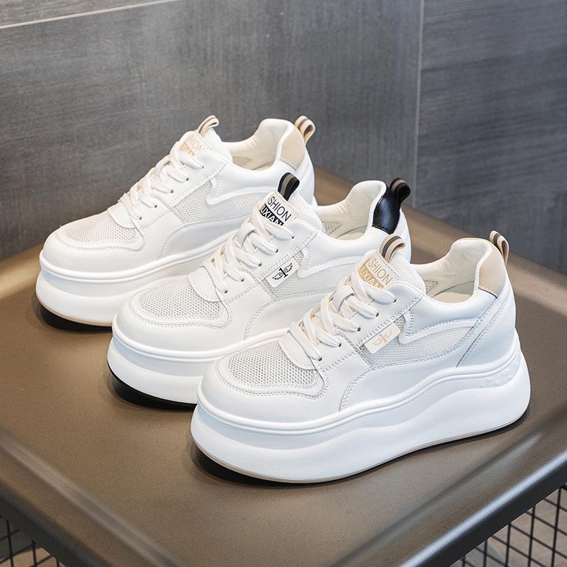 Fashion 8cm Genuine Leather Platform Wedge Shoes Chunky Sneaker White Casual Shoes Comfortable Breathable Spring Autumn Winter Shoes