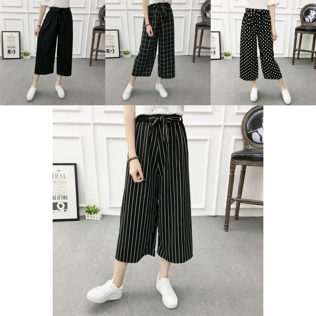 Women Wide Korean Leg High Waist Loose Baggy Casual Striped Crop Pants Trousers