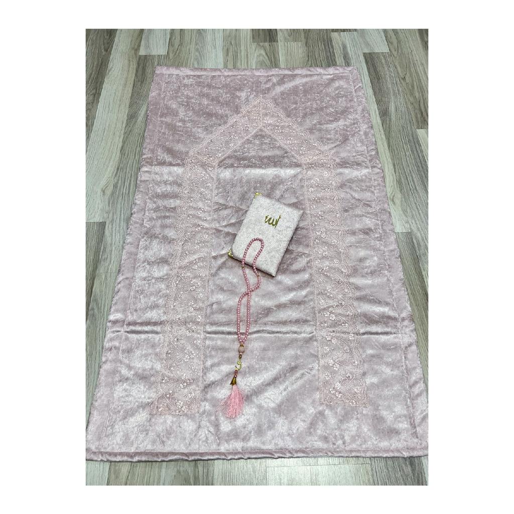 3 Piece French Guipure Embroidered Velvet Dowry Bridal Set Prayer Rug