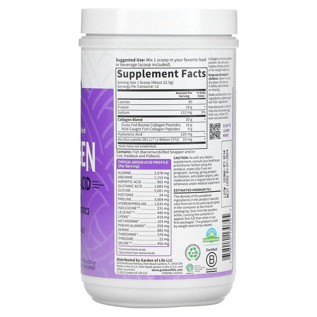 Garden of Life Natural Grass-fed Collagen, Hyaluronic Acid, Fragrance-free, 9.52 Oz (270 G)